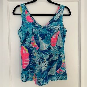 Lilly Pulitzer V-Neck Gigi Tank Top Hey Bay Bay XS EUC